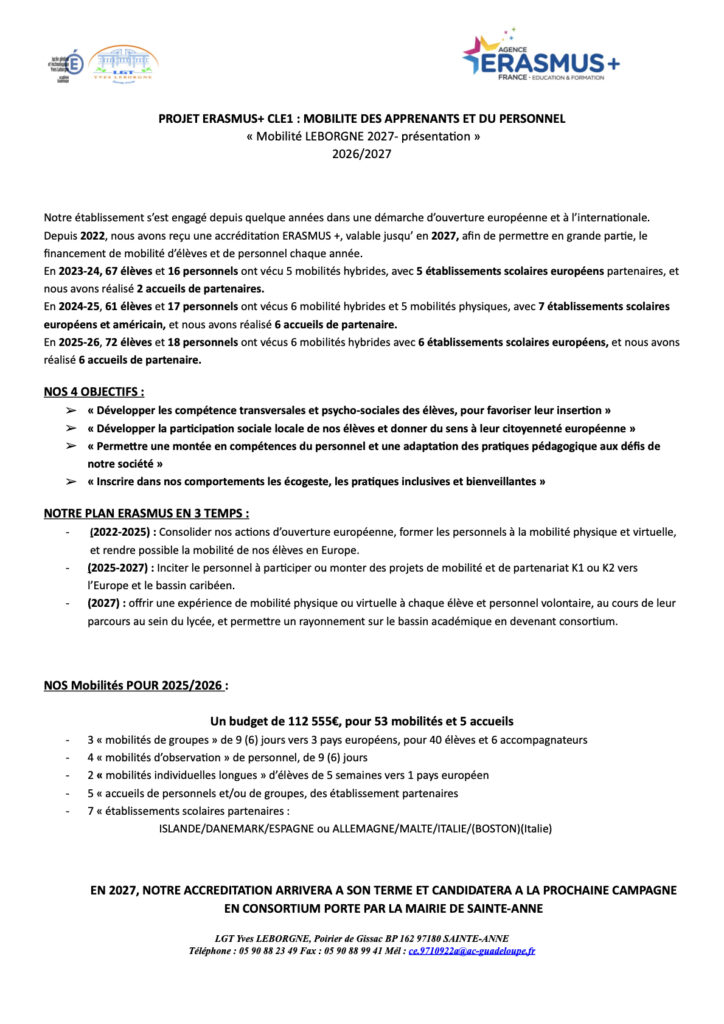 Fiche de présentation du projet Erasmus pour 2026-2027