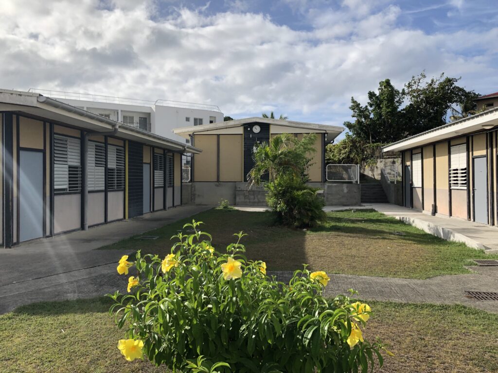 Préfabriqués du fond du lycée avec un beau massif d'alamandas