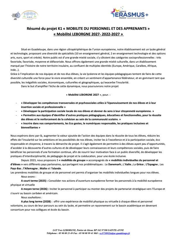 Fiche établie par Mme GRAVELOT résumant les résultats du projet depuis 2022.