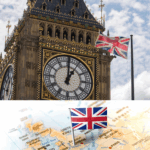 Images symbolisant la langue et la culture anglaise : le drapeau Union Jack, Big Ben à Londres, La carte du Royaume-Uni. Image fournie par Canva