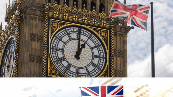 Images symbolisant la langue et la culture anglaise : le drapeau Union Jack, Big Ben à Londres, La carte du Royaume-Uni. Image fournie par Canva