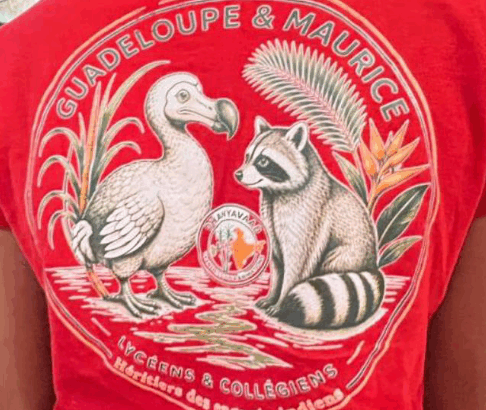 Dos d'un participant portant le logo de la rencontre entre l'île Maurice et la Guadeloupe (un dodo rencontrant un racoon)