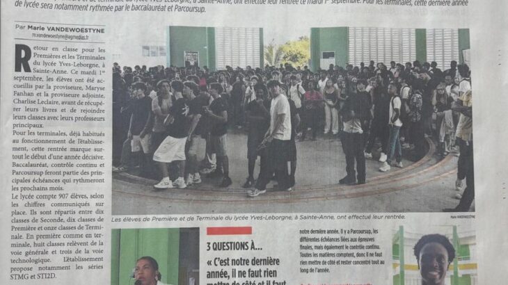 Article de France Antilles sur la rentrée au lycée Yves Leborgne