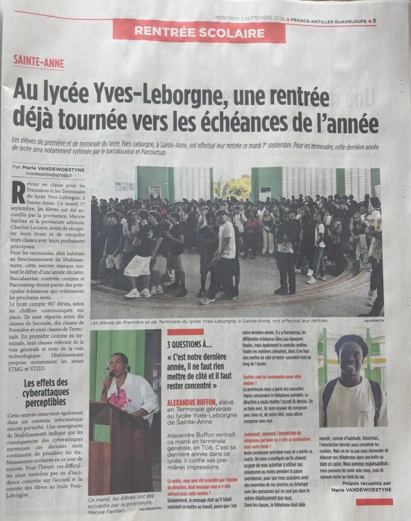 Article de France Antilles par Marie vandewoestyne du mercredi 2 septembre 2026