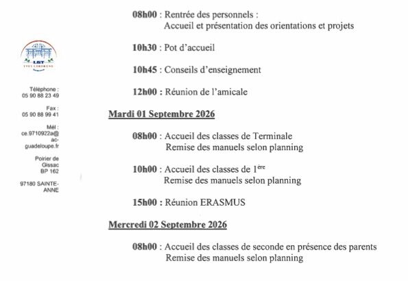 Calendrier de la semaine de la rentrée, de la pré-rentrée des professeurs le 31 août à la reprise des cours selon l'emploi du temps le 03 septembre 2026