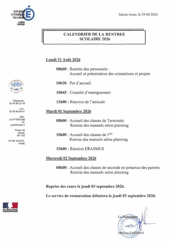 Calendrier de la semaine de la rentrée, de la pré-rentrée des professeurs le 31 août à la reprise des cours selon l'emploi du temps le 03 septembre 2026